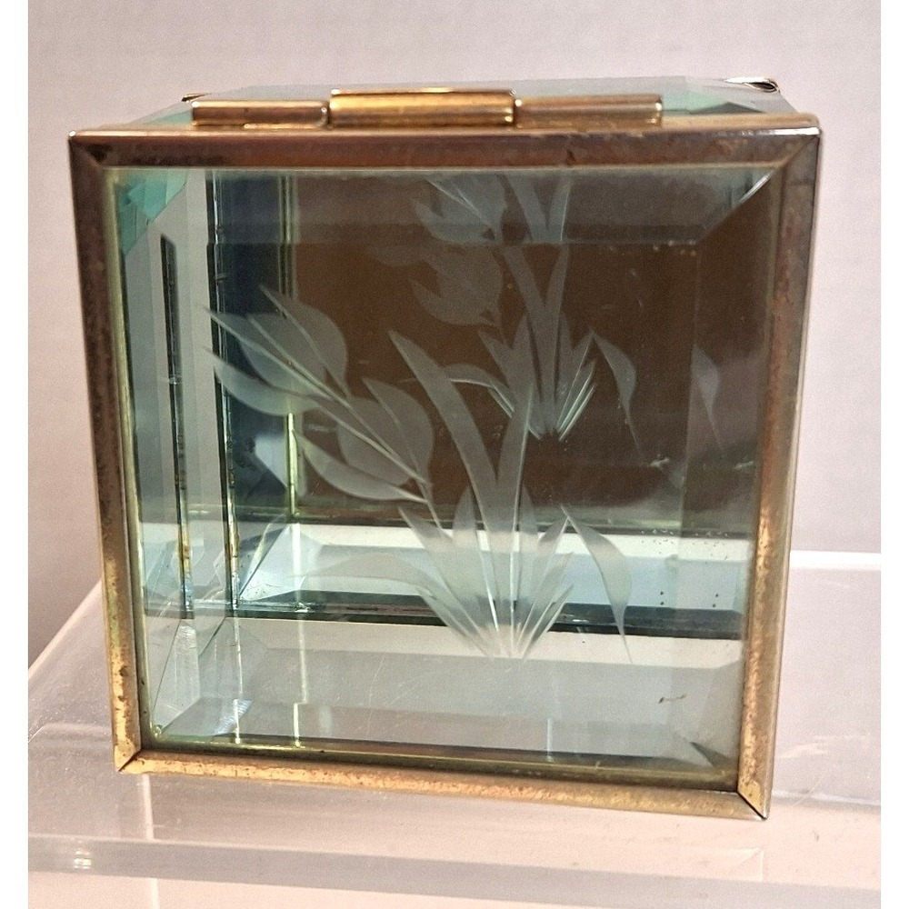 Vintage Etched Beveled Glass Jewelry Box Brass Frame Mirrored Bottom Floral Lid